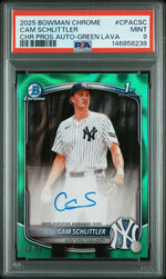 2025 Bowman Chrome Prospect Autograph Green Lava Refractor Cam Schlittler #CPACSC /99 PSA 9