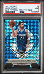 2022 Panini Mosaic Epic Performers Mosaic Reactive Blue Luka Doncic #7 /99 PSA 9
