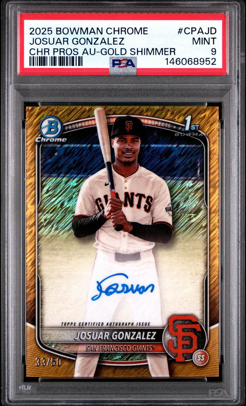 2025 Bowman Chrome Josuar Gonzalez #CPAJD Prospect Autographs Gold Shimmer /50 PSA 9