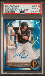 2022 Bowman Chrome Prospect Autograph Blue Refractor Henry Davis #CPAHD /150 PSA 10