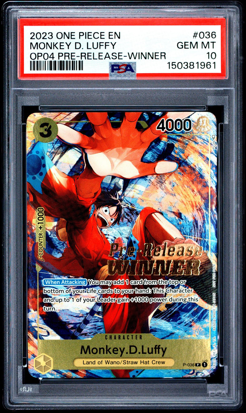 2023 One Piece Monkey D. Luffy #P-036 Pre-Release Winner PSA 10