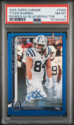 2025 Topps Chrome Rookies Autograph Blue Refractor Tyler Warren #TWA /150 PSA 8