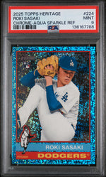 2025 Topps Heritage Aqua Sparkle Refractor Roki Sasaki #224 PSA 9