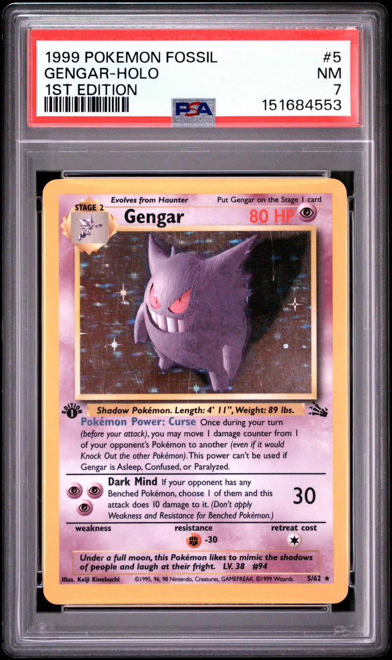 1999 Pokemon Fossil 1st Edition Holo Gengar #5 PSA 7