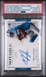 2025 Panini National Treasures Update Upd-'19 Notable Ncknms Calvin Johnson #CJ /15 PSA 0