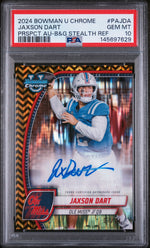 2024 Bowman University Chrome Bowman Chrome Prospect Autographs Prspct Au-B&G Stealth Ref Jaxson Dart #PAJDA /25 PSA 10