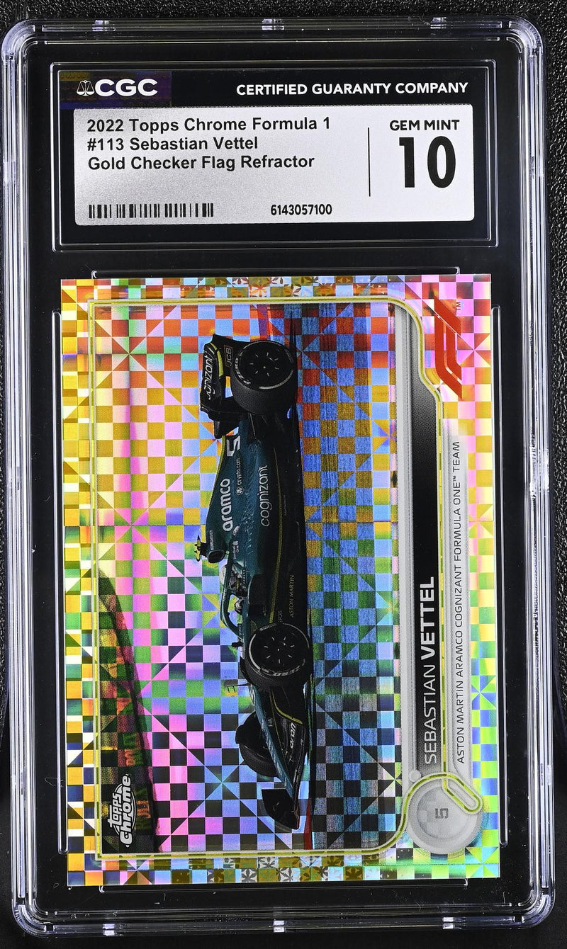 2022 Topps Chrome Formula 1 Sebastian Vettel #113 Gold Checker Flag Refractor /50 CGC 10