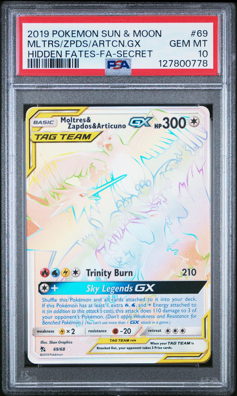 Pokémon Sun & Moon Hidden Fates Moltres & Zapdos & Articuno GX #69 Secret PSA 10