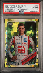 2021 Topps Chrome Sapphire Formula 1 Chartreuse Refractors Mick Schumacher #174 /199 PSA 8