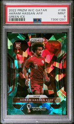 2022 Panini Prizm World Cup Green Ice Prizm Akram Hassan Afif #186 PSA 9