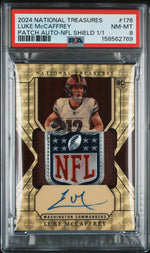 2024 Panini National Treasures Patch Auto-Nfl Shield 1/1 Luke Mccaffrey #176 PSA 8