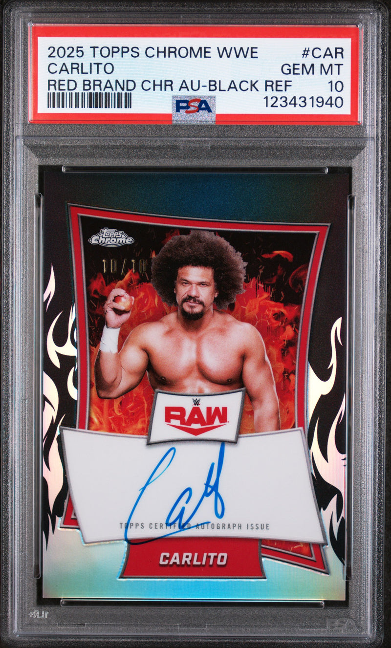 2025 Topps Chrome WWE Carlito #CAR Red Brand Auto-Black Ref /10 PSA 10