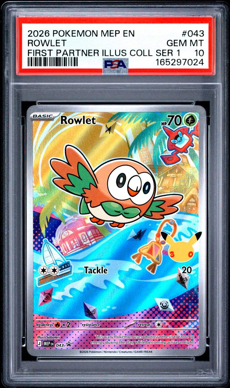2026 Pokemon Black Star Promo Mega Evolution 30th Anniversary First Partner Illustration Collection Series 1 Rowlet #043 PSA 10