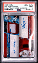 2025 Panini Prizm Dual Patch Autographs Red Shimmer Sam Laporta/Trey Mcbride #DPA-SLTM /35 35/35 PSA 9