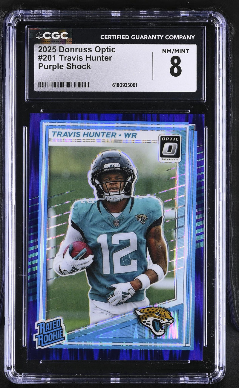 2025 Panini Optic Travis Hunter #201 Rookie Purple Shock CGC 8