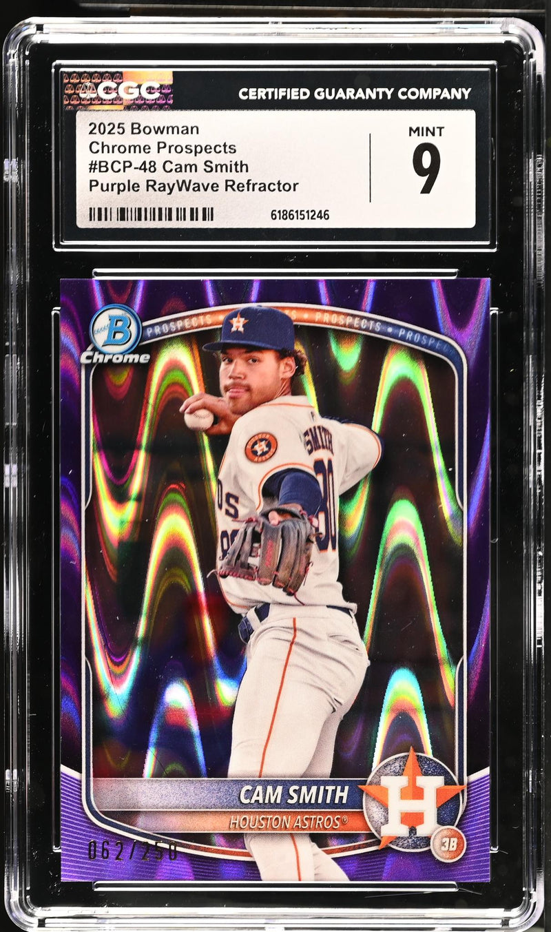 2025 Bowman Chrome Prospects Cam Smith #BCP-48 Purple RayWave Refractor /250 CGC 9