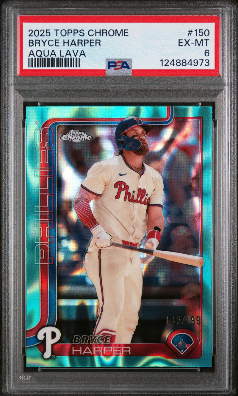 2025 Topps Chrome Aqua Lava Refractors Bryce Harper #150 /199 PSA 6