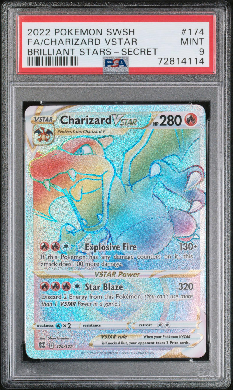 2022 Pokemon Sword and Shield Brilliant Stars Secret Rainbow Rare Charizard Vstar #174 PSA 9