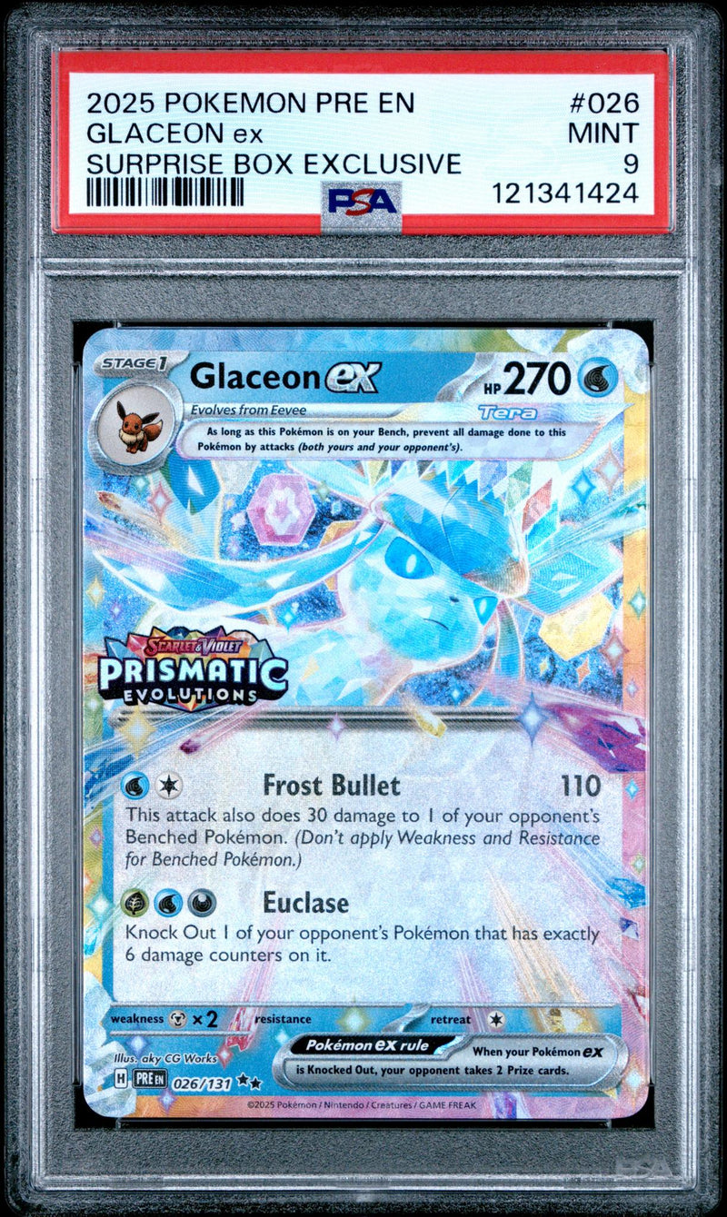 2025 Pokemon Scarlet and Violet Prismatic Evolutions Surprise Box Exclusive Glaceon Ex #026 PSA 9