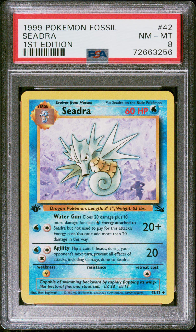 1999 Pokemon Fossil 1st Edition Seadra #42 PSA 8