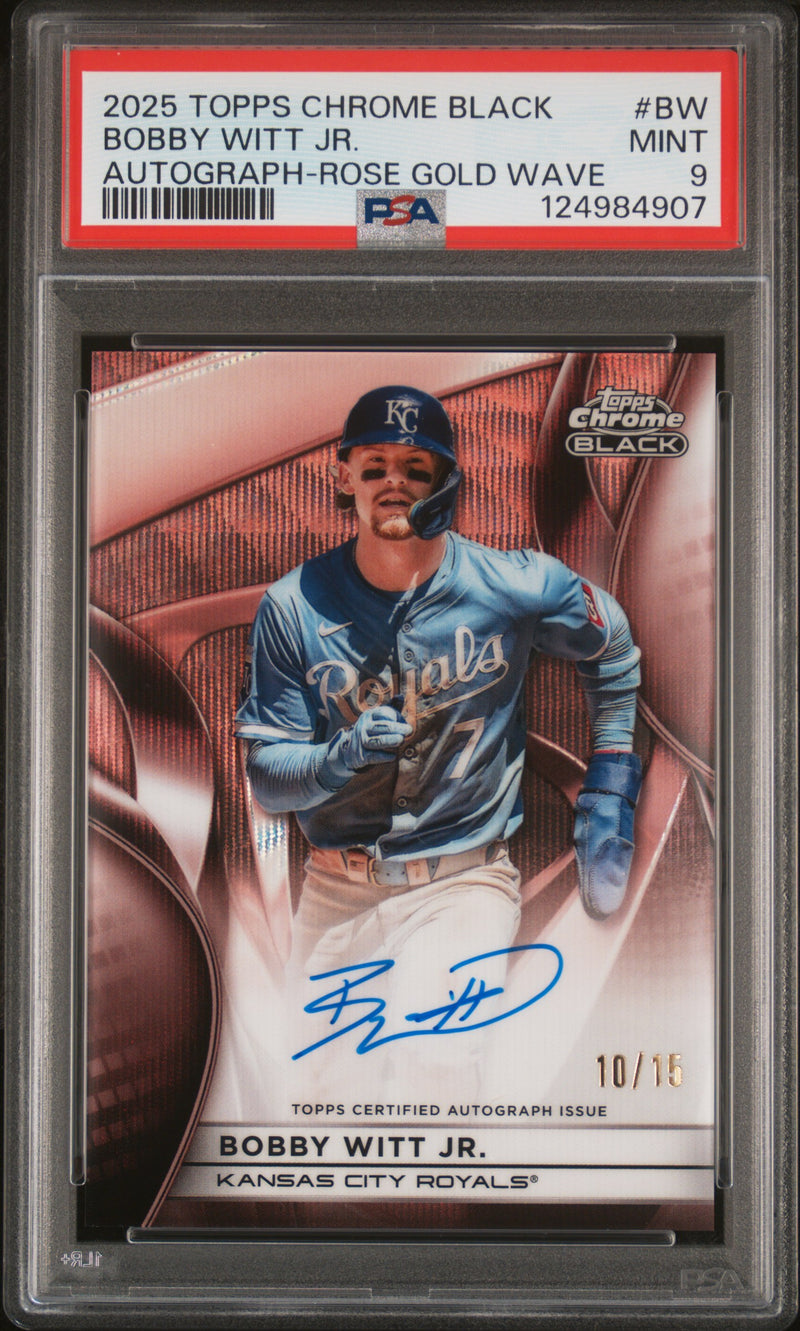 2025 Topps Chrome Black Autographs Rose Gold Wave Bobby Witt Jr. #BW /15 PSA 9