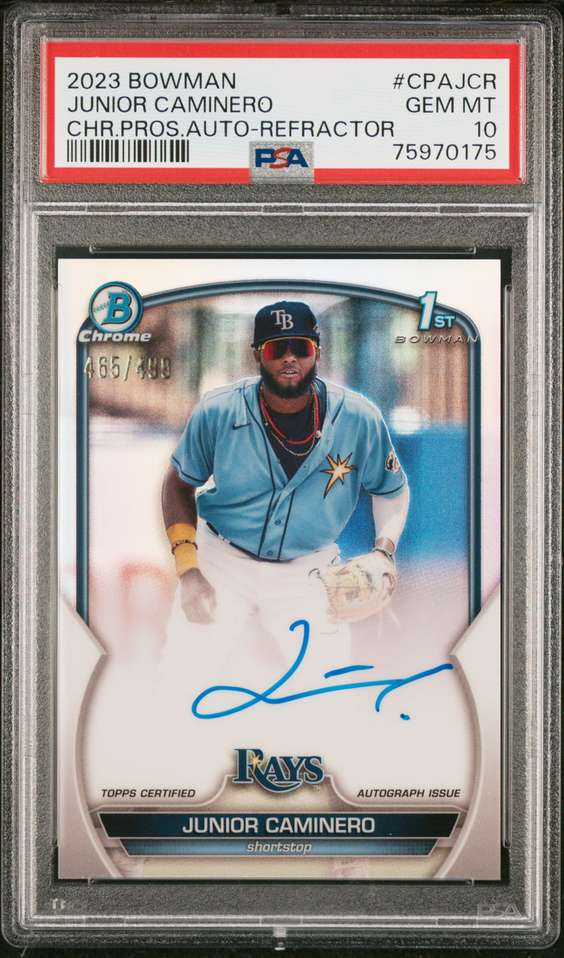 2023 Bowman Chrome Prospect Autograph Refractor Junior Caminero #CPAJCR /499 PSA 10