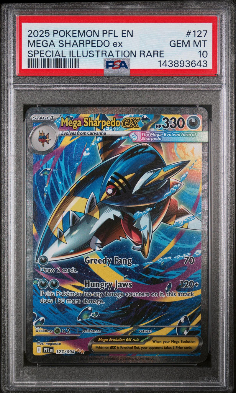 2025 Pokemon Mega Evolution Phantasmal Flames Special Illustration Rare Mega Sharpedo Ex #127 PSA 10