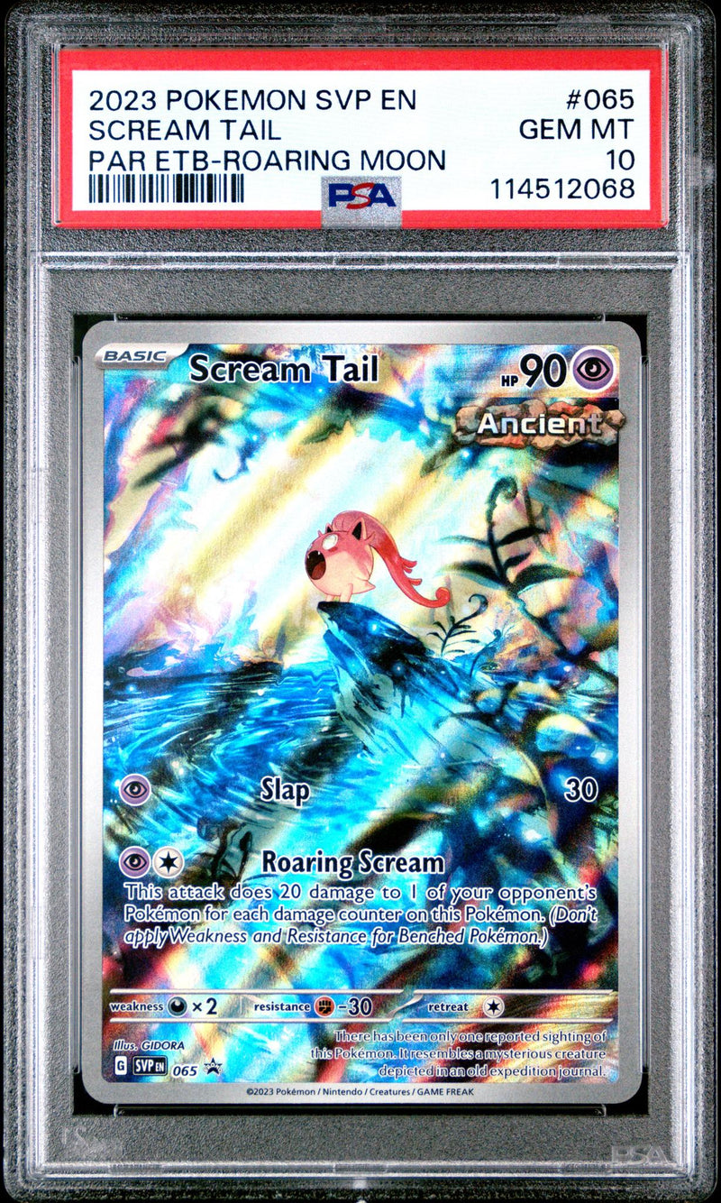 2023 Pokemon Scarlet and Violet Black Star Promo Roaring Moon Paradox Rift Elite Trainer Box Scream Tail #65 PSA 10