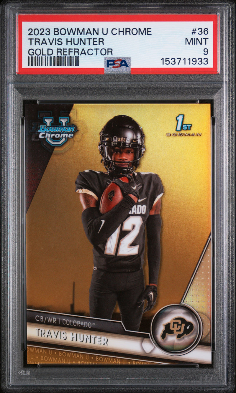 2023 Bowman University Chrome Gold Refractor Travis Hunter #36 /50 /150 PSA 9