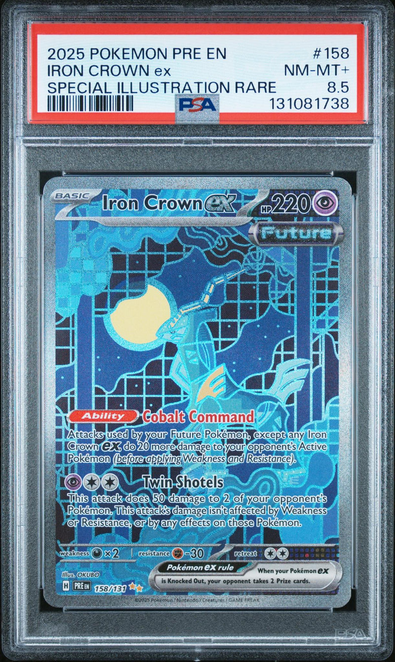 2025 Pokemon Scarlet and Violet Prismatic Evolutions Special Illustration Rare Iron Crown Ex #158 PSA 8.5