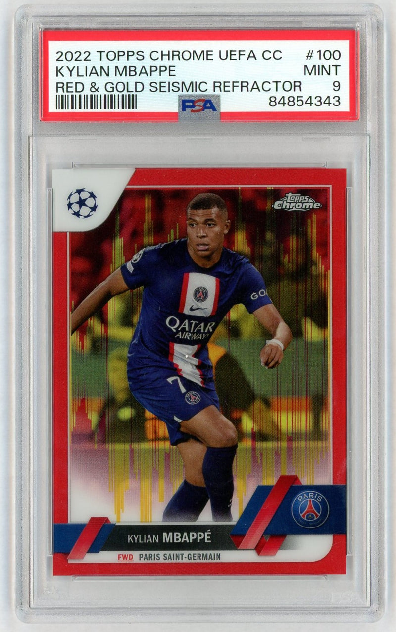 2022 Chrome UEFA Club Competitions Red Gold Seismic Refractors Kylian Mbappe #100 PSA 9