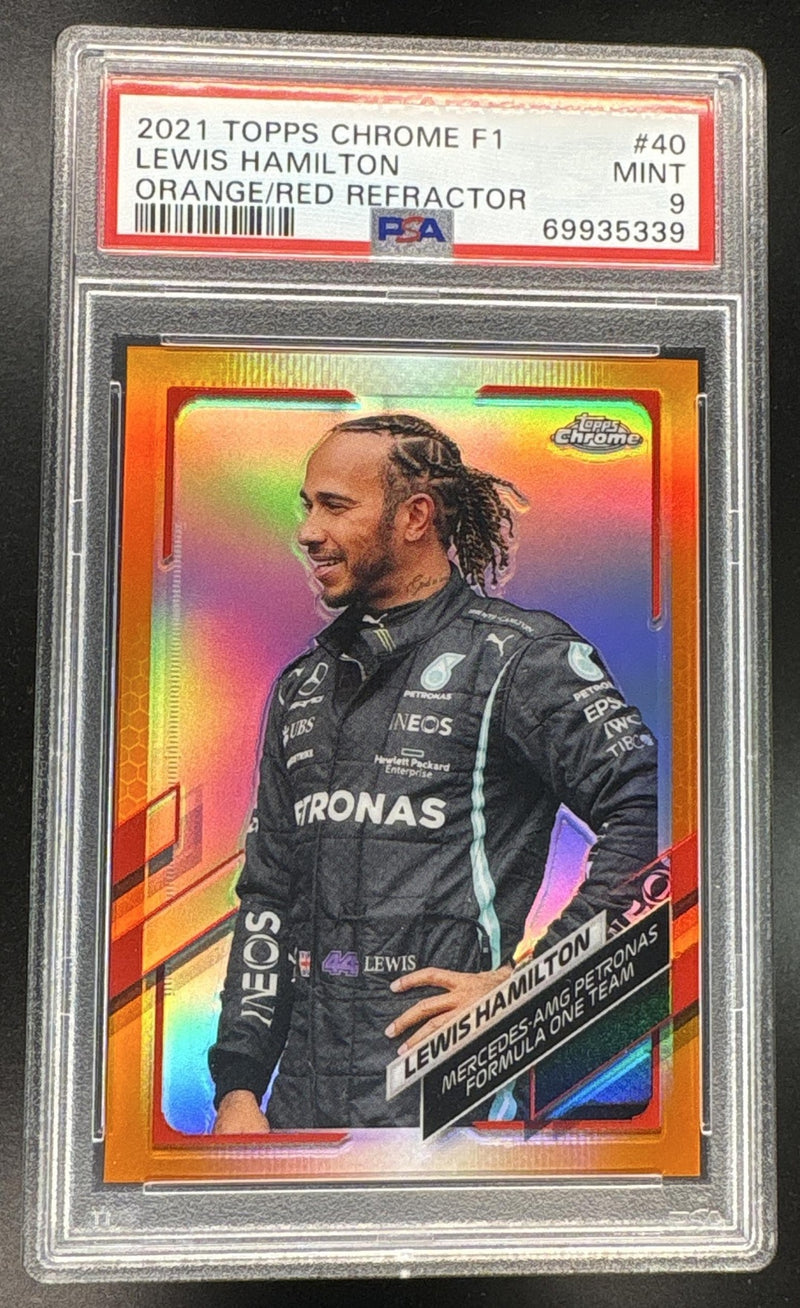 2021 Topps Chrome Formula 1 Orange and Red Refractor Lewis Hamilton #40 PSA 9