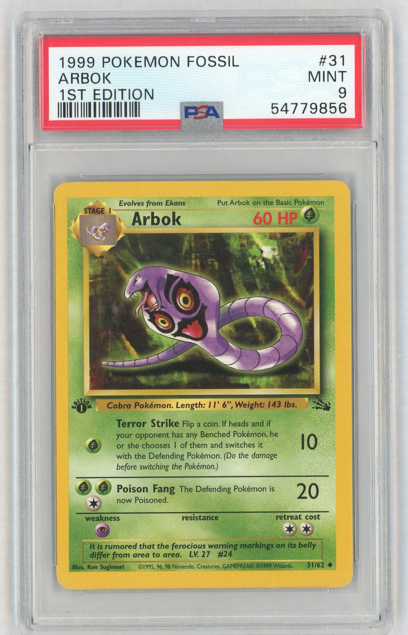 1999 Pokemon Fossil 1st Edition Arbok #31 PSA 9