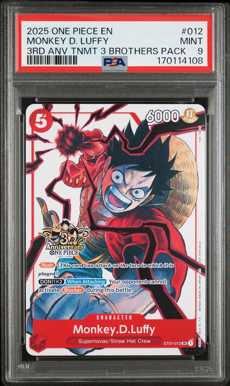 2025 One Piece Tournament Promo 3rd Anniversary 3 Brothers Pack Monkey D. Luffy #ST01-012 PSA 9
