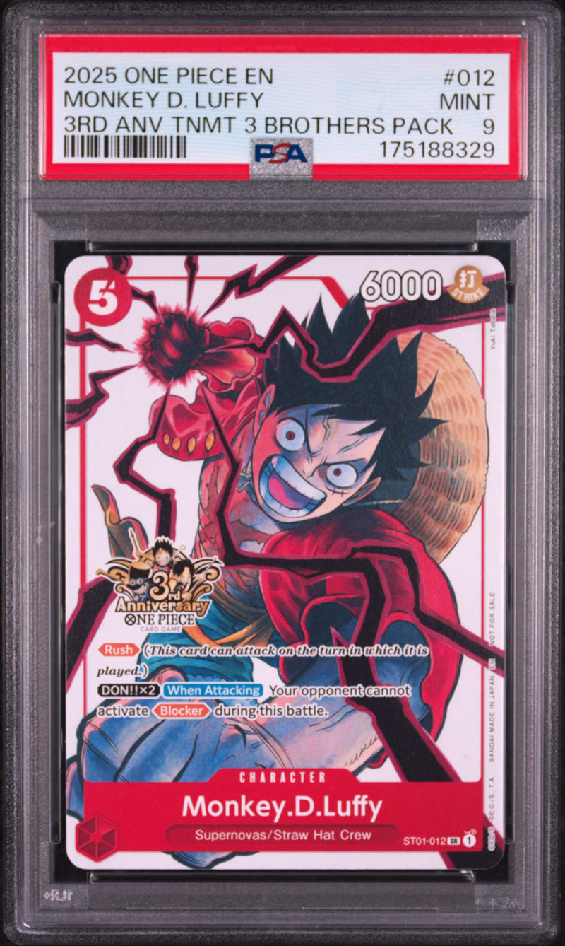 2025 One Piece Tournament Promo 3rd Anniversary 3 Brothers Pack Monkey D. Luffy #ST01-012 PSA 9