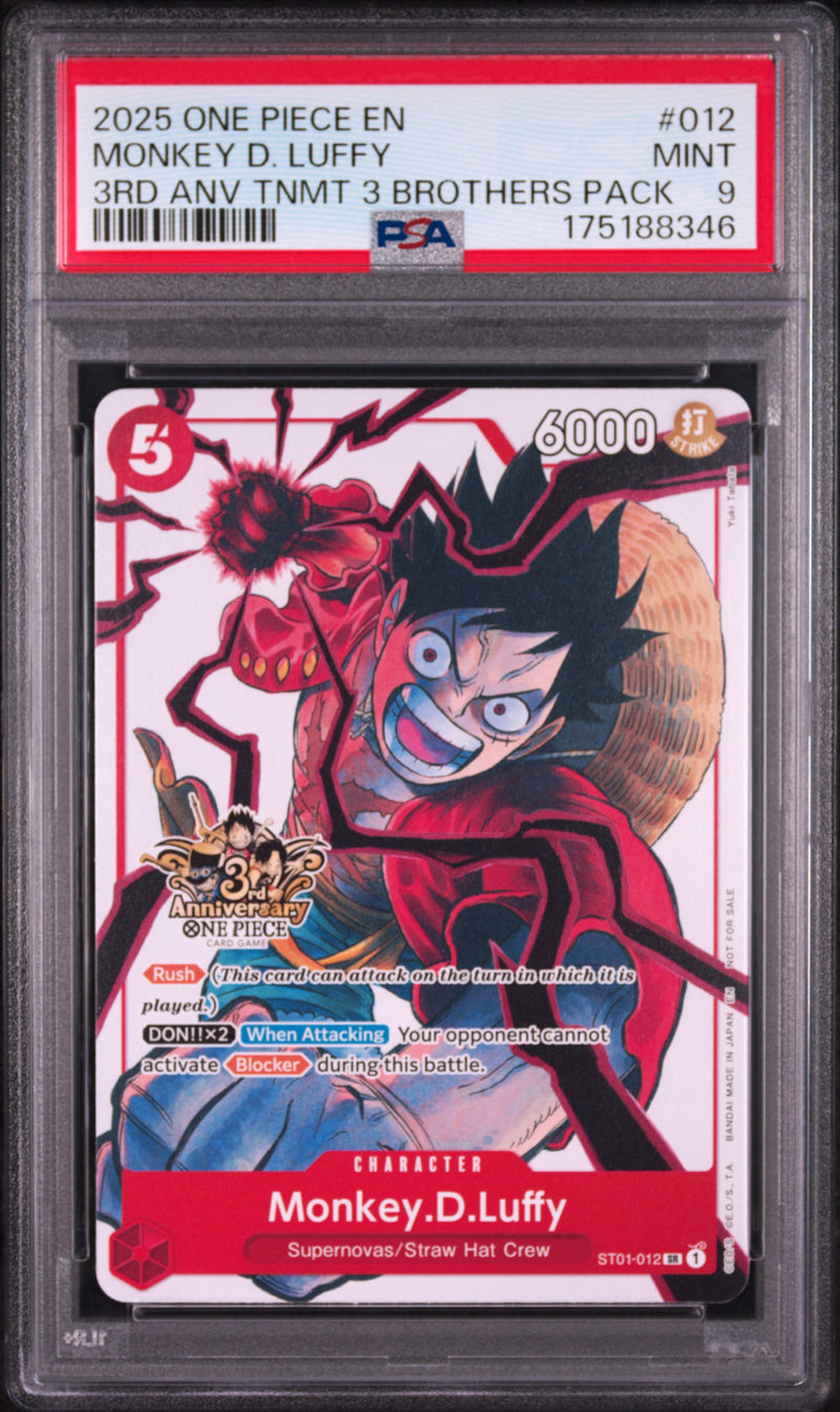 2025 One Piece Tournament Promo 3rd Anniversary 3 Brothers Pack Monkey D. Luffy #ST01-012 PSA 9