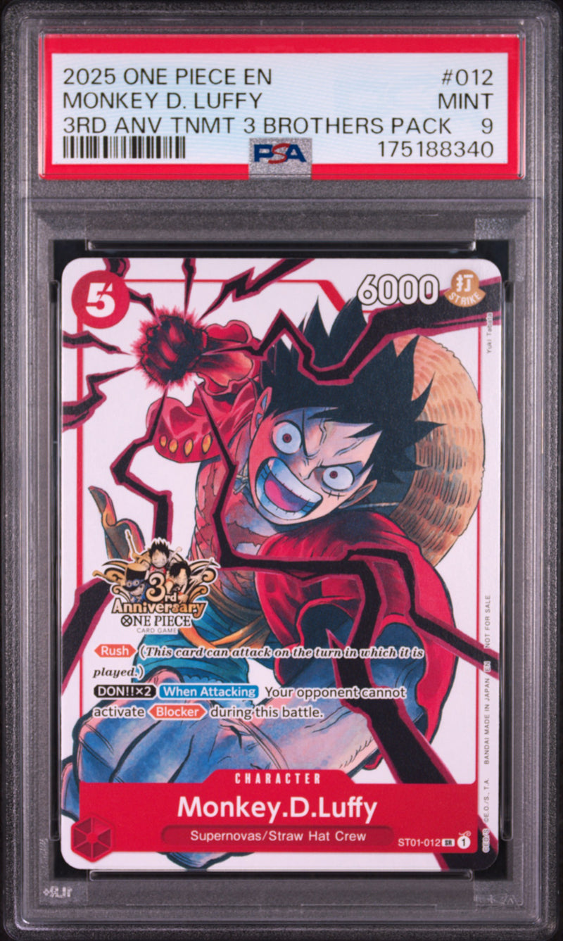 2025 One Piece Tournament Promo 3rd Anniversary 3 Brothers Pack Monkey D. Luffy #ST01-012 PSA 9