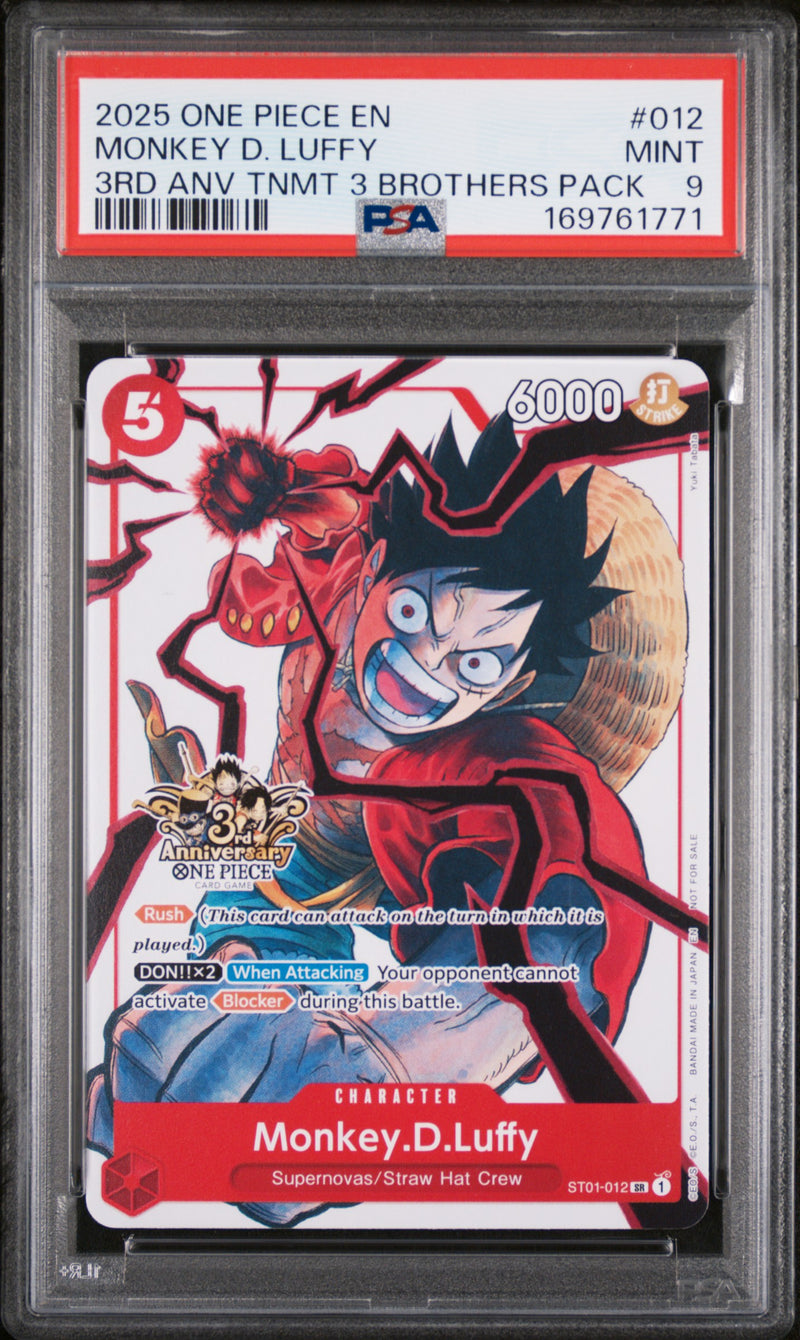 2025 One Piece Tournament Promo 3rd Anniversary 3 Brothers Pack Monkey D. Luffy #ST01-012 PSA 9