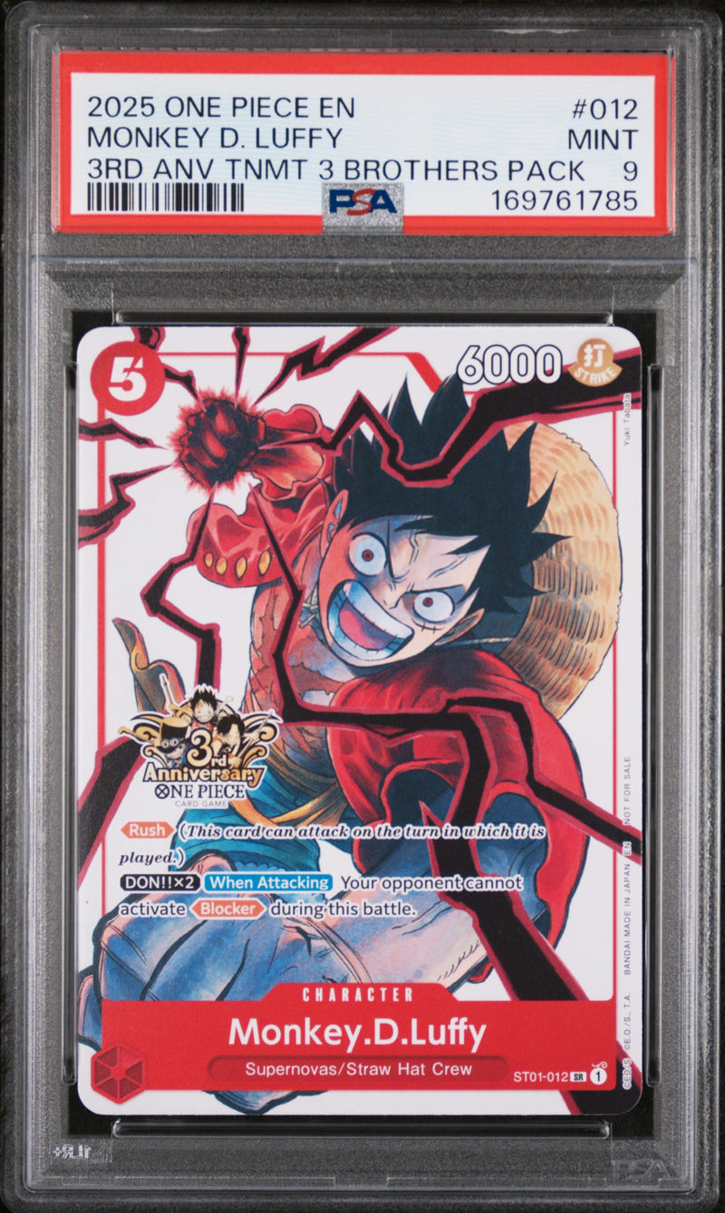 2025 One Piece Tournament Promo 3rd Anniversary 3 Brothers Pack Monkey D. Luffy #ST01-012 PSA 9