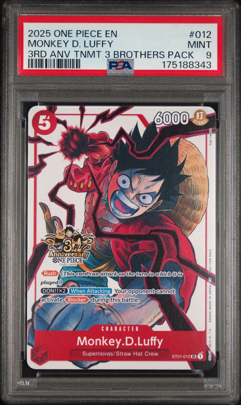 2025 One Piece Tournament Promo 3rd Anniversary 3 Brothers Pack Monkey D. Luffy #ST01-012 PSA 9