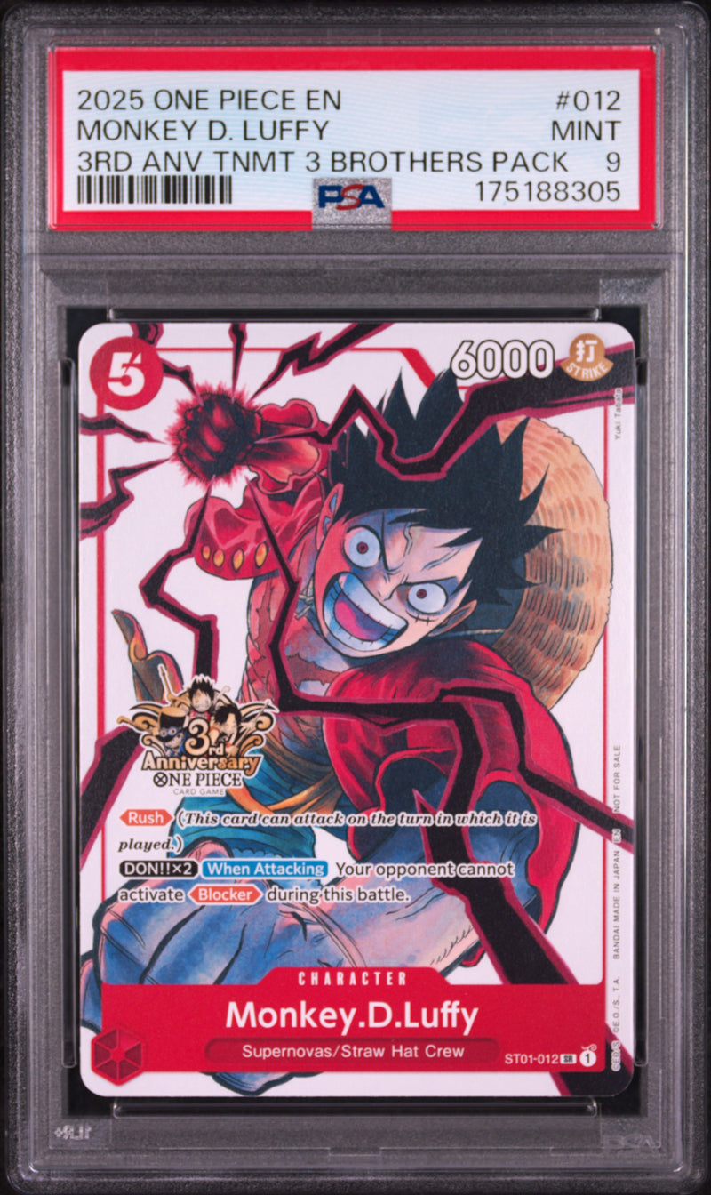 2025 One Piece Tournament Promo 3rd Anniversary 3 Brothers Pack Monkey D. Luffy #ST01-012 PSA 9