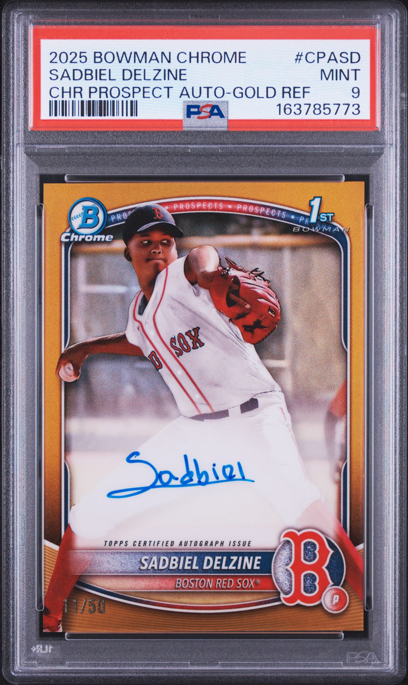 2025 Bowman Chrome Prospect Autographs Gold Refractors Sadbiel Delzine #CPASD /50 /30 PSA 9
