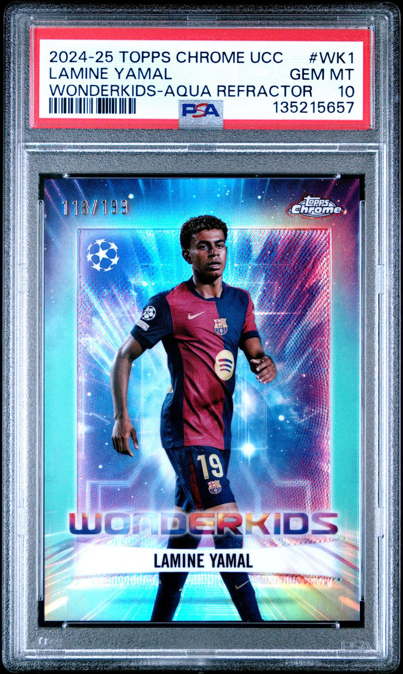 2024 Topps Chrome UEFA Club Competitions Wonderkids Aqua Refractors Lamine Yamal #WK1 /99 /199 PSA 10