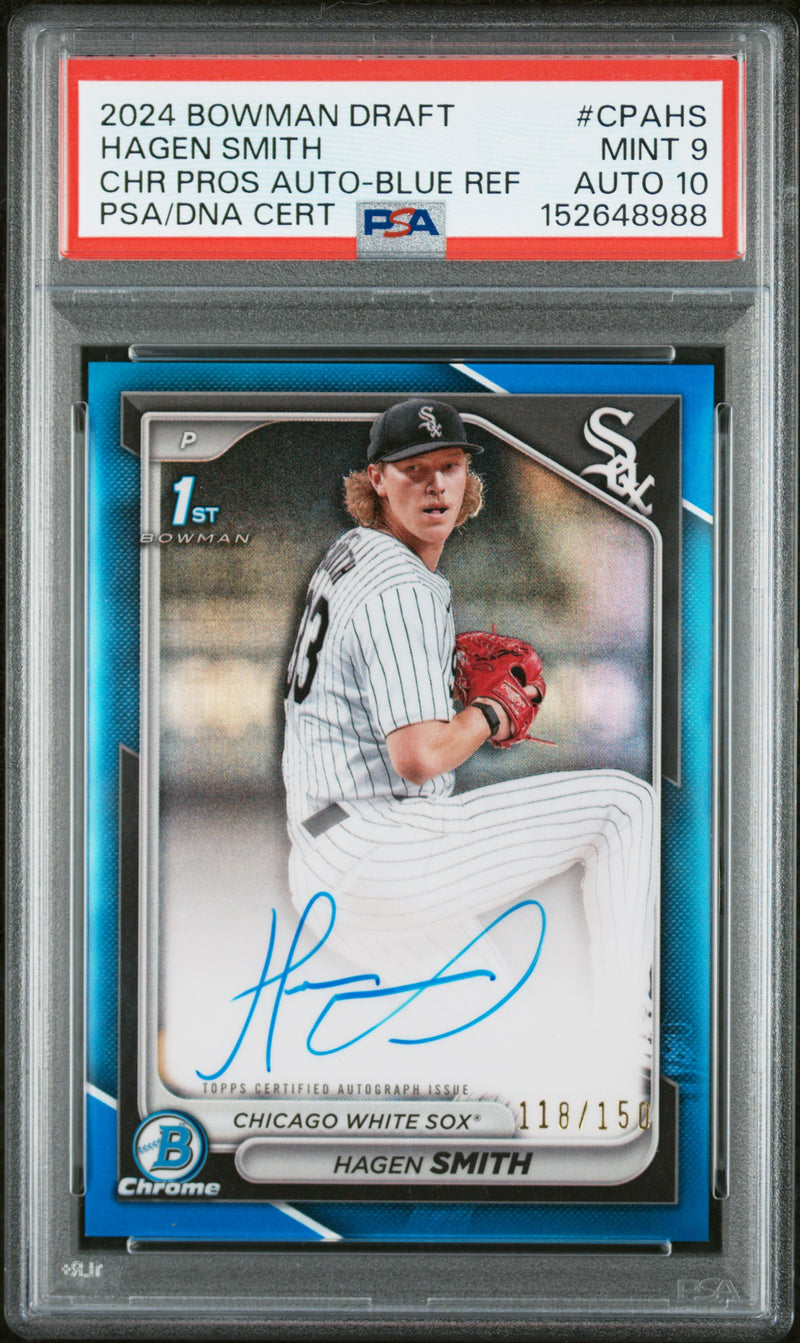 2024 Bowman Draft Chrome Prospect Autograph Blue Refractor Hagen Smith #CPAHS /150 PSA 9