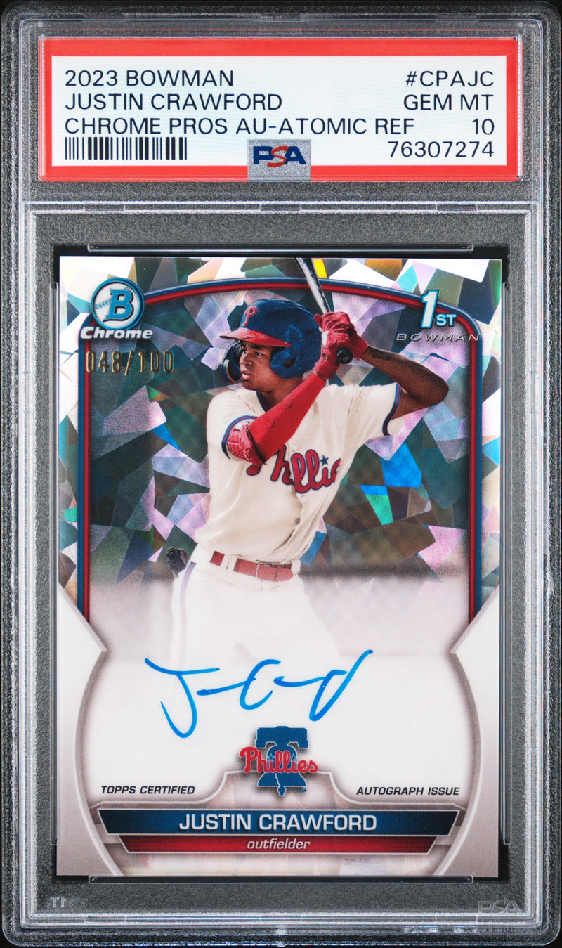 2023 Bowman Chrome Prospect Autograph Atomic Refractor Justin Crawford #CPAJC /100 PSA 10