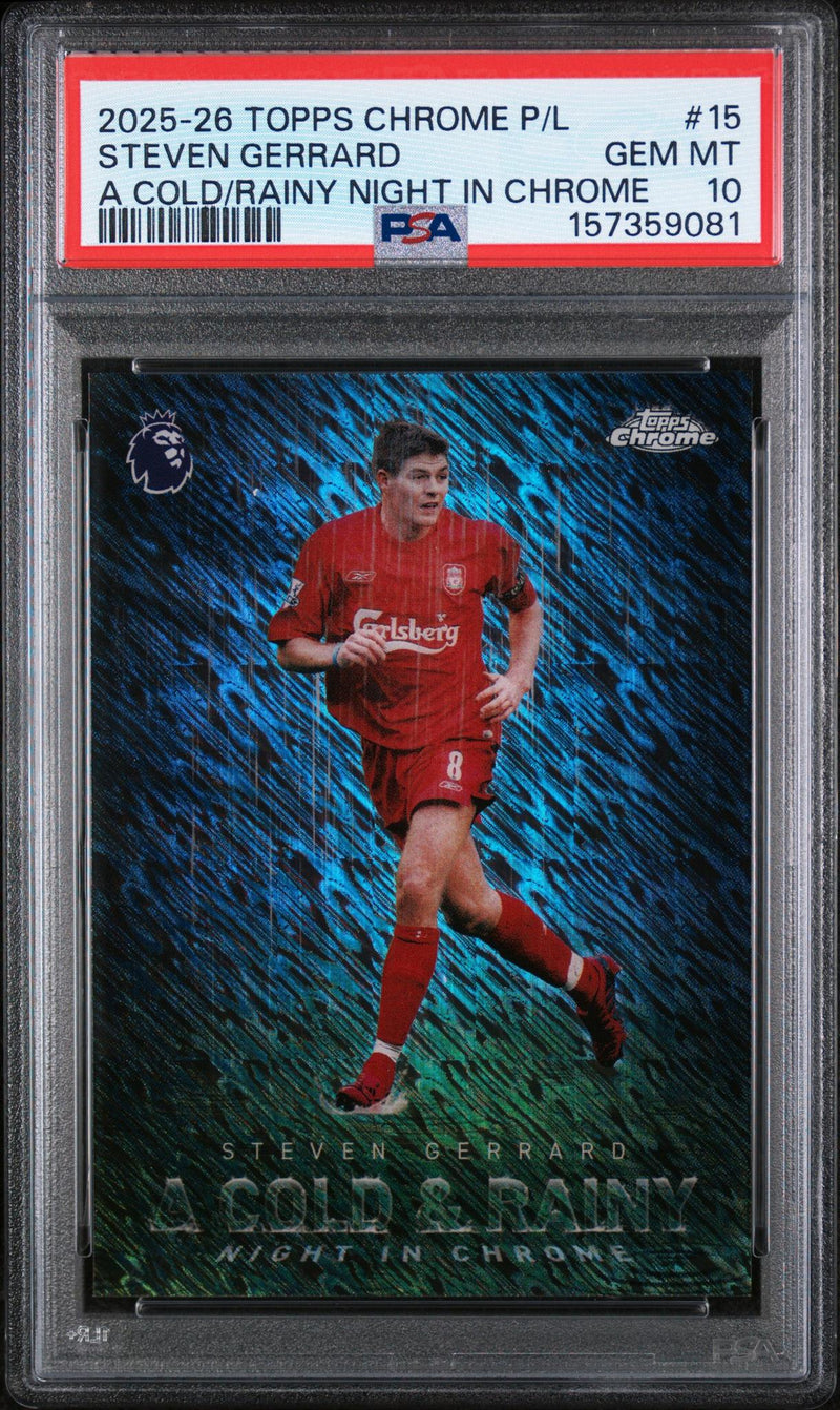 2025 Topps Chrome English Premier League A Cold and Rainy Night In Chrome Steven Gerrard #CRN15 PSA 10