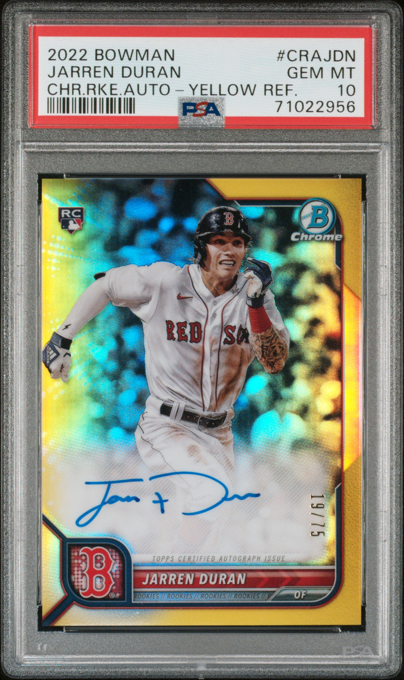 2022 Bowman Chrome Rookie Autograph Yellow Refractor Jarren Duran #CRAJDN /75 PSA 10
