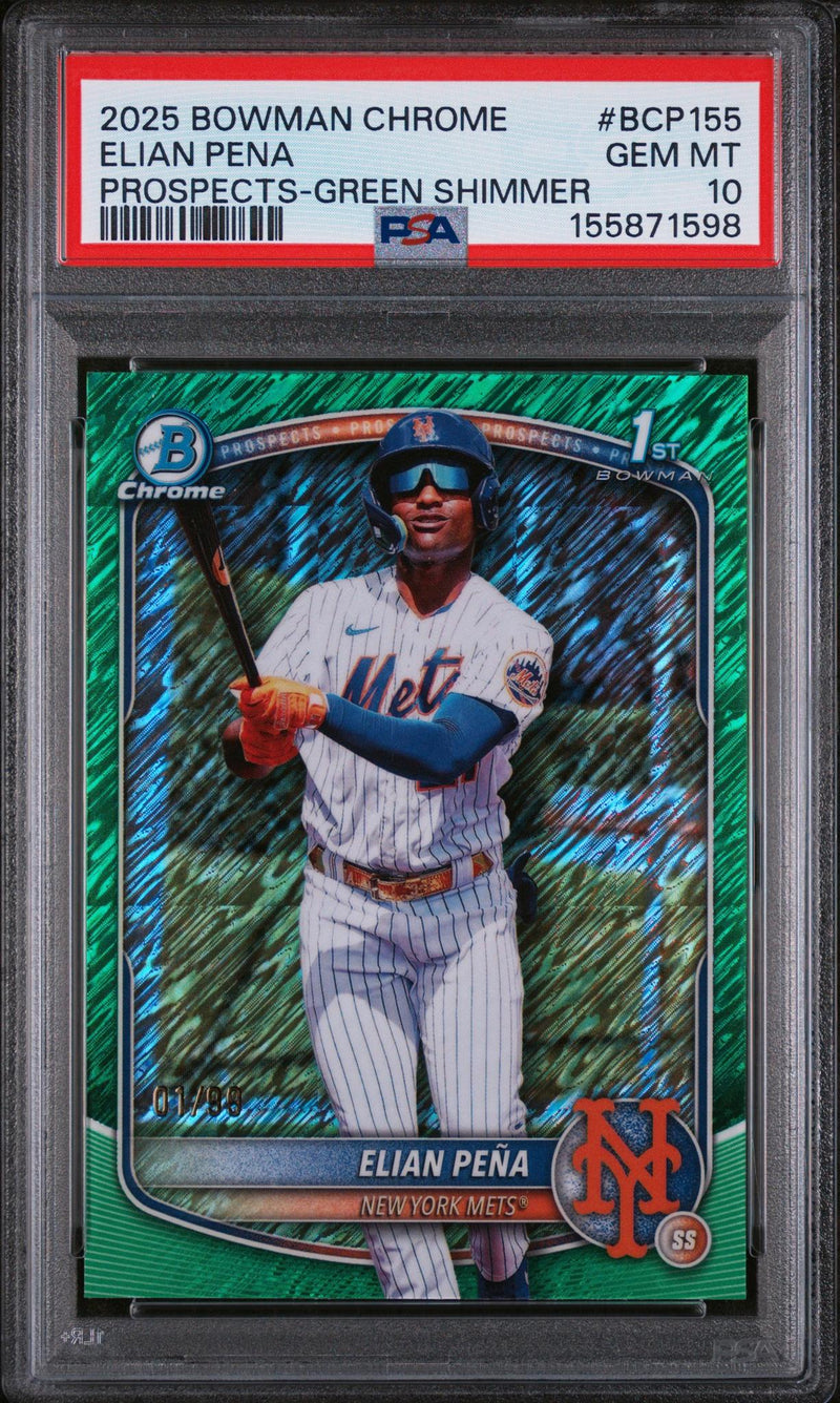 2025 Chrome Prospects Green Shimmer Refractors Elian Pena #BCP155 /99 PSA 10