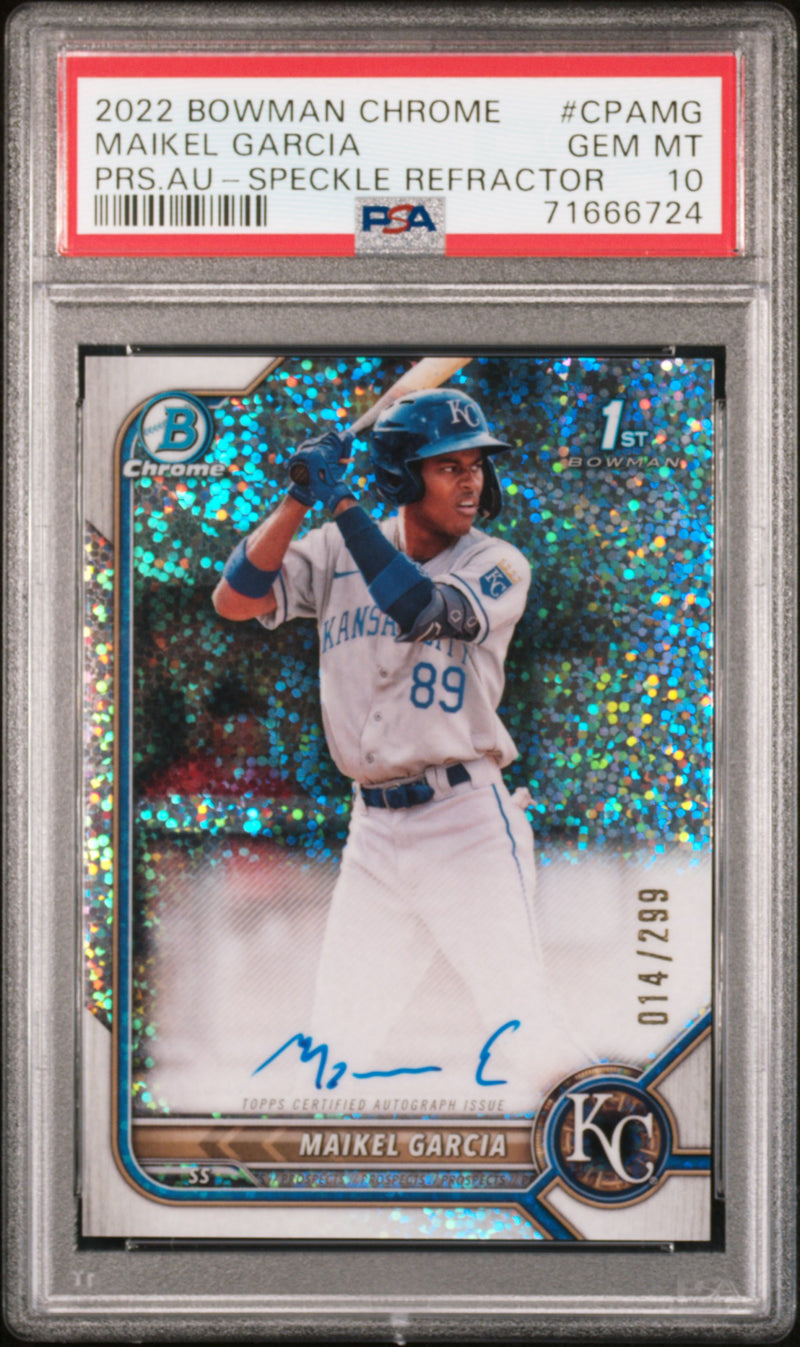 2022 Bowman Chrome Prospect Autograph Speckle Refractor Maikel Garcia #CPAMG /299 PSA 10