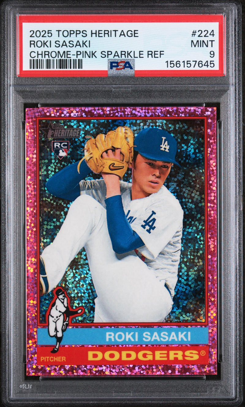 2025 Topps Heritage Chrome Pink Sparkle Refractor Roki Sasaki #224 PSA 9